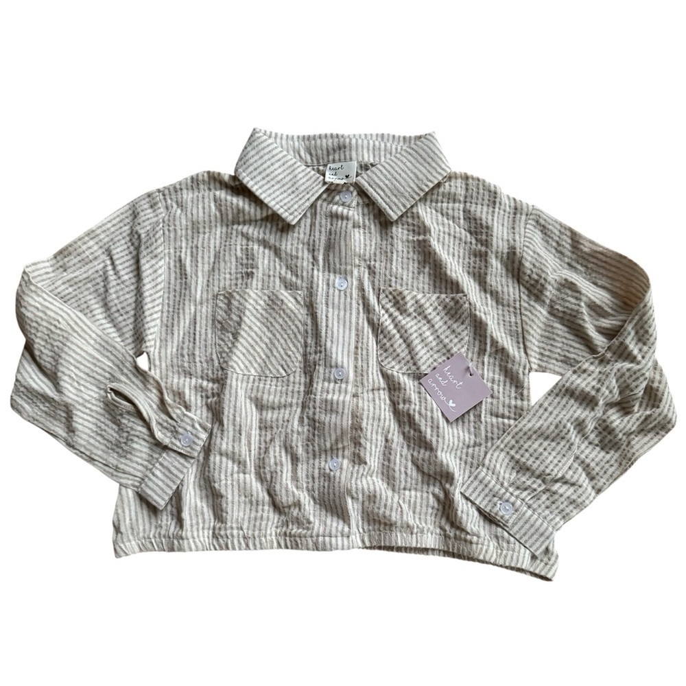 Heart and Arrow Beige Striped Shirt Button Up Cropped Girls 10-12 NWT - Picture 4 of 8